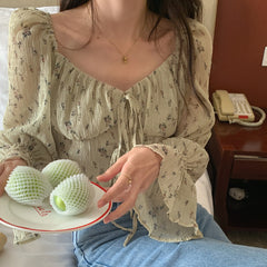 Coquette Bow Tie Floral Puff Long Sleeve Blouse