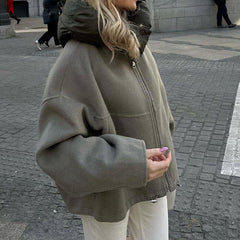 Detachable Hat Round Neck Stitching Jacket