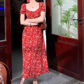 Floral Print Square Neck Front Tie Dress