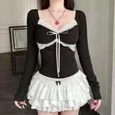 Lace Trim Bow Knot Square Neck Long Sleeve Tee