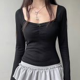 Lace Trim Square Collar Bow Long Sleeve Tee