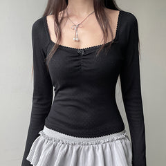 Lace Trim Square Collar Bow Long Sleeve Tee