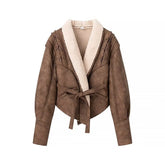 Lapel Lace Up Leather Long Sleeve Jacket