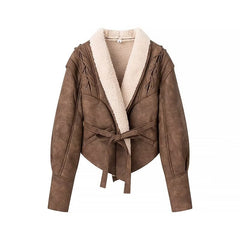Lapel Lace Up Leather Long Sleeve Jacket