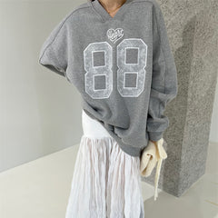 Lace Embroidered Numbers V-Neck Pullover Sweatshirt