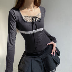 Square Collar Lace Stitching Bow Long Sleeve Tee