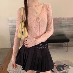 Lace Trim V-Neck Coquette Bow Long Sleeve Tee