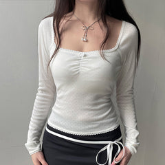 Lace Trim Square Collar Bow Long Sleeve Tee