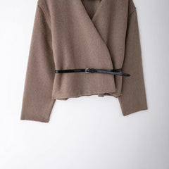 V-Neck Long Sleeve Wool Belted Jacket
