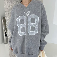Lace Embroidered Numbers V-Neck Pullover Sweatshirt