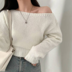 Solid Color Off-shoulder Long Sleeve Sweater