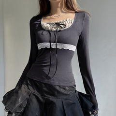 Square Collar Lace Stitching Bow Long Sleeve Tee