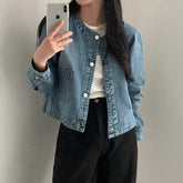 Vintage Round Neck Light Wash Denim Jacket