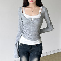 Solid Color Patchwork Sided Stitching Long Sleeve Tee