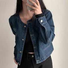 Vintage Round Neck Light Wash Denim Jacket