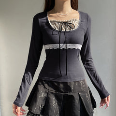 Square Collar Lace Stitching Bow Long Sleeve Tee