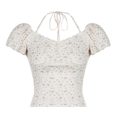 Aesthetic Floral Puff Short Sleeve Front Tie Tee