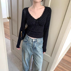 Lace Trim V-Neck Coquette Bow Long Sleeve Tee