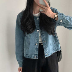 Vintage Round Neck Light Wash Denim Jacket