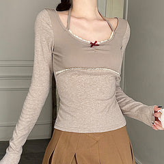 Aesthetic Halter Neck Bow Coquette Long Sleeve Tee