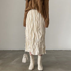 Vintage Crumpled Elastic Waist Midi Skirt