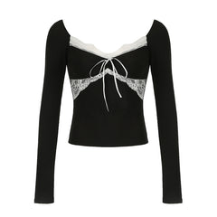 Lace Trim Bow Knot Square Neck Long Sleeve Tee