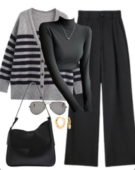OOTD: Knitted Cardigan + Knit Tee + Wide Leg Trousers + Shoulder Bag