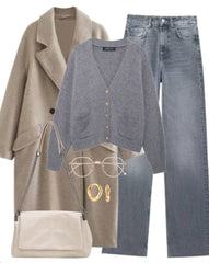 OOTD: Loose Coat + Knitted Cardigan + Wide Leg Jeans + Shoulder Bag