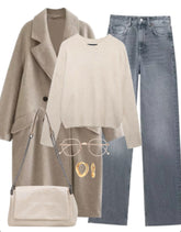 OOTD: Loose Coat + Round Neck Sweater + Wide Leg Jeans + Shoulder Bag