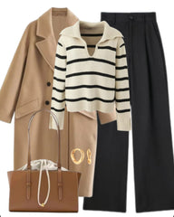 OOTD: Loose Coat + Striped Sweater + Wide Leg Trousers + Shoulder Bag