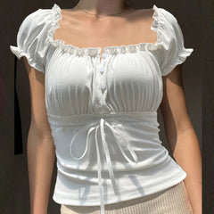 Ruffled Square Collar Coquette Puff Sleeve Tee