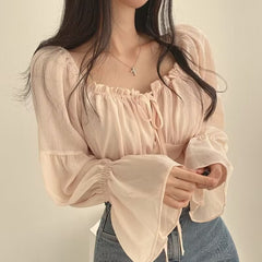 Solid Color Elastic Square Neck Puff Sleeve Blouse