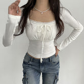 Solid Color Lace Trim Bow Square Collar Slim Tee