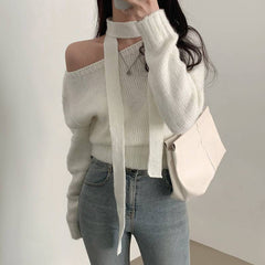 Solid Color Off-shoulder Long Sleeve Sweater