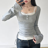 Solid Color Patchwork Sided Stitching Long Sleeve Tee