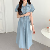 Solid Color Polo Collar Short Sleeve Maxi Dress