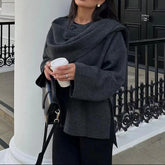 Solid Knitted Cardigan With Asymmetrical Scarf Set