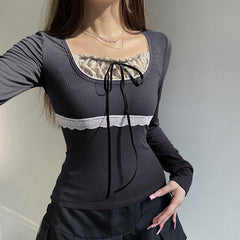 Square Collar Lace Stitching Bow Long Sleeve Tee