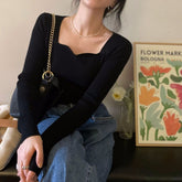 Square Collar Long Sleeve Knitted Tee