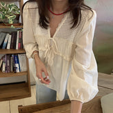 V-Neck Lace Trim V-Neck Mesh Bow Tie Blouse
