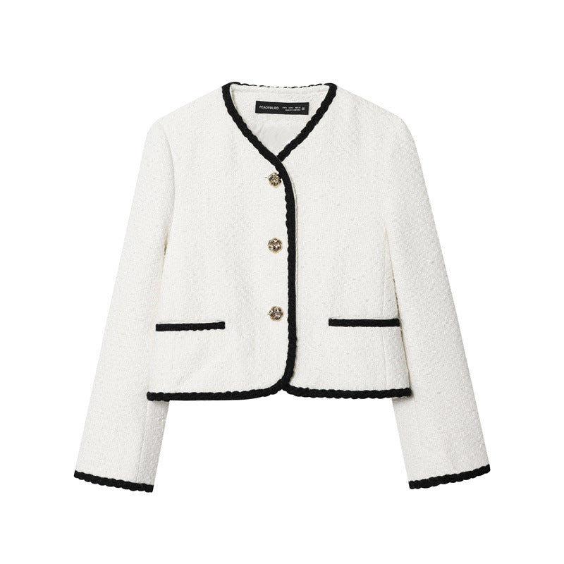 White jacket with black trim on a white background