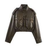 Brown leather jacket with multiple pockets on a white background