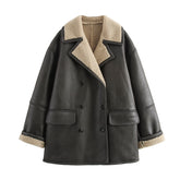 Vintage Lamb Wool Collar Pu Leather Coat