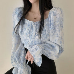 Vintage Square Neck Puff Sleeve Floral Blouse
