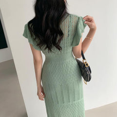 V-neck Short Sleeve Crochet Knitted Maxi Dress