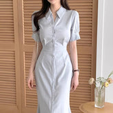 Solid Color Short Sleeve Button Bodycon Midi Dress