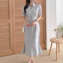 Solid Color Short Sleeve Button Bodycon Midi Dress