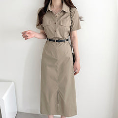 Short Sleeve Button Down Cargo Midi Dress