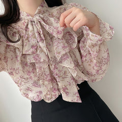 Tie Bow Ruffled Floral Blouse