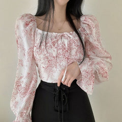 Vintage Square Neck Puff Sleeve Floral Blouse